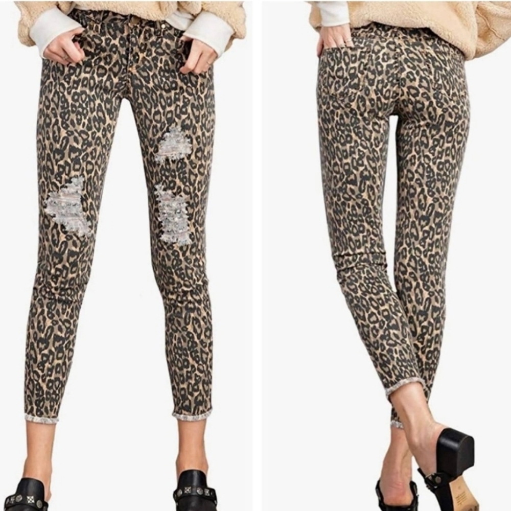 EASEL Distressed Leopard Jeans, Size S ~ NWOT